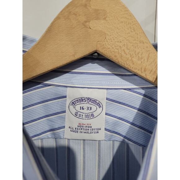 Brooks Brothers 16/33 Button Down Shirt Blue Double Stripe Slim Fit Non Iron - Picture 3 of 7